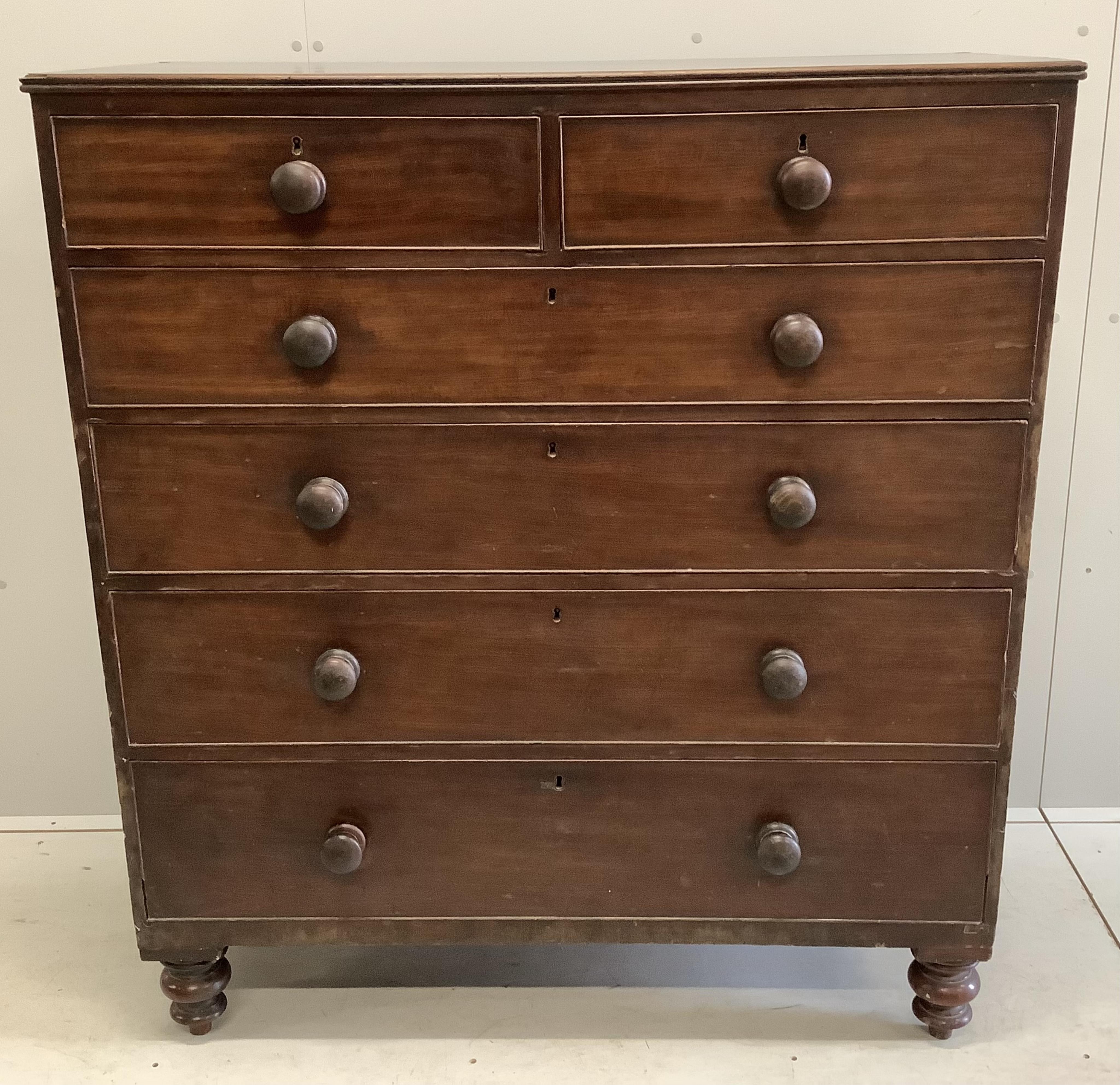 An early Victorian mahogany chest of six drawers, width 116cm, depth 52cm, height 130cm. Condition - fair